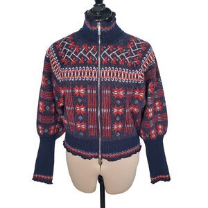 House of Harlow 1960 Women's Fair Isle Mock Neck Cardigan Medium Blue Red NWT